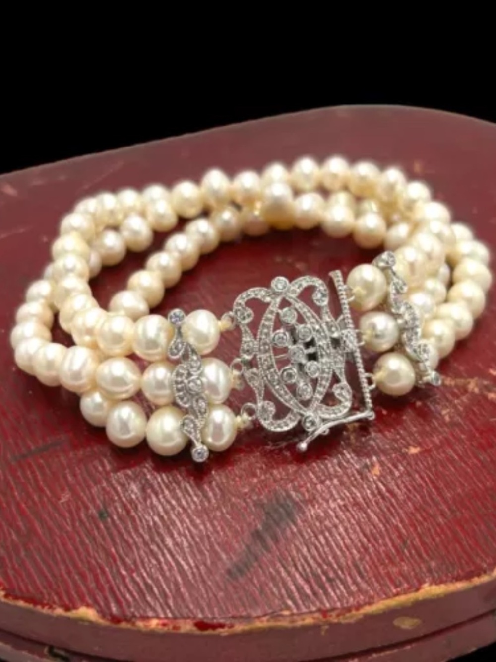 Antique Vintage Deco Style Sterling Silver Freshwater Pearl & CZ Bracelet 37.5g